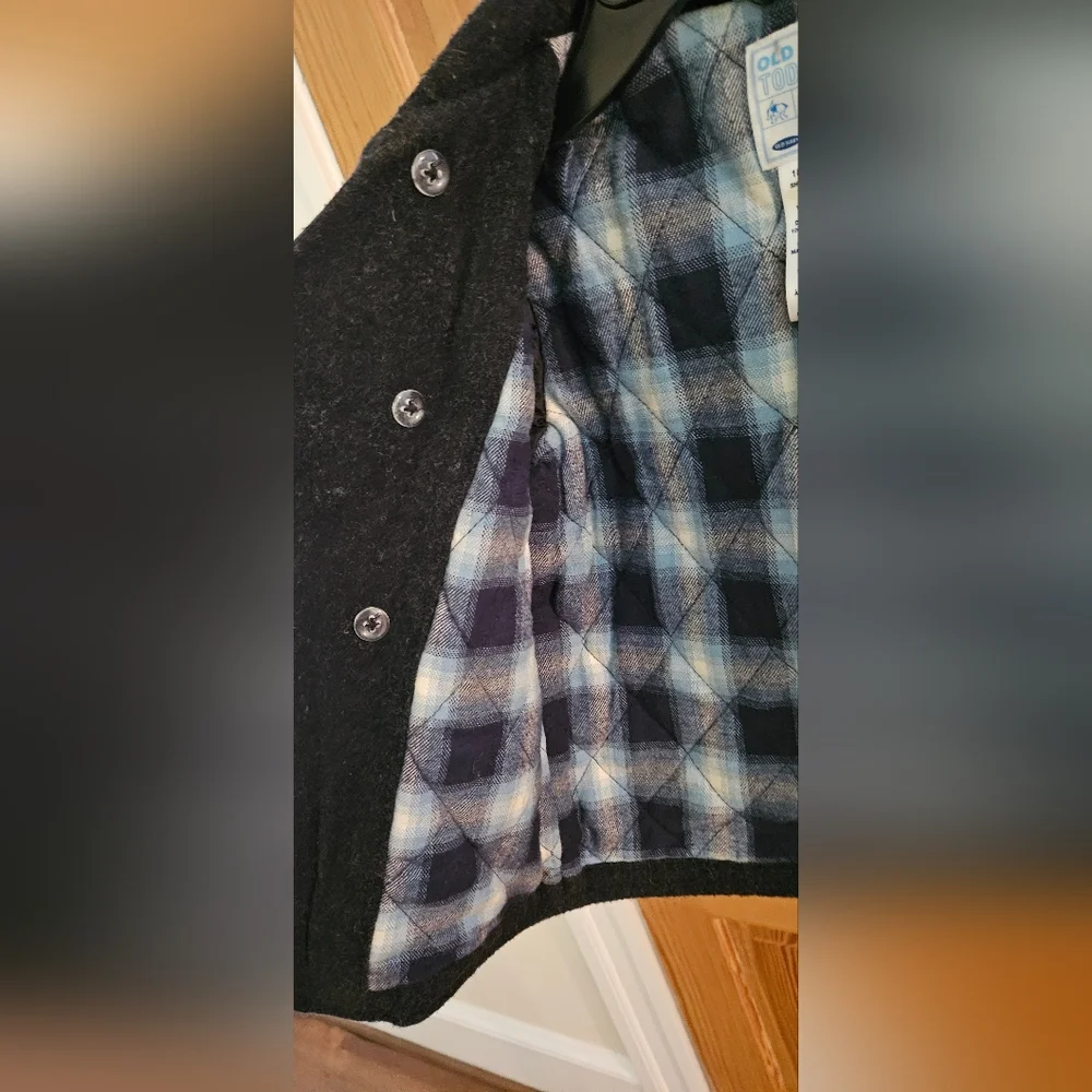 Old Navy Toddler Double Breasted Peacoat Charcoal Grey with Plaid lining